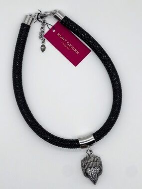 NWT Kurt Geiger Black Crystal Mesh Necklace with Silver Eagle Charm Pendant